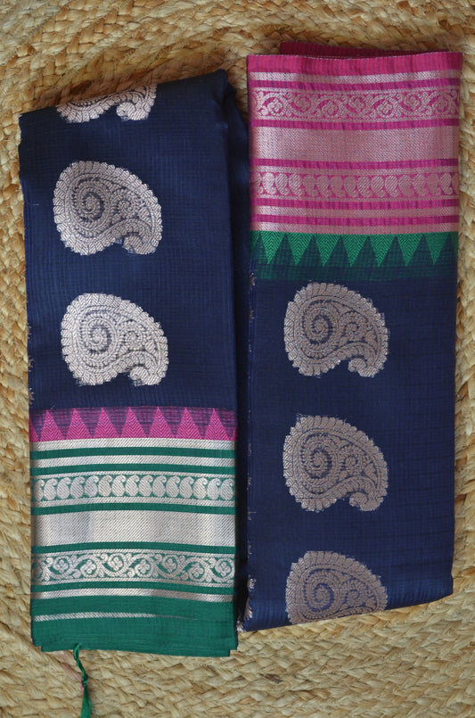 Navy Magenta and Green Kota Gadwal Cotton Silk Handloom Saree