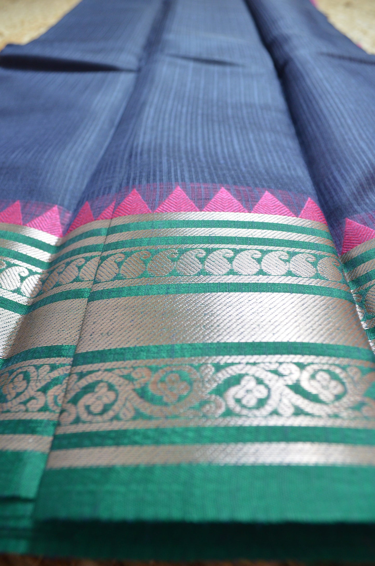 Navy Magenta and Green Kota Gadwal Cotton Silk Handloom Saree