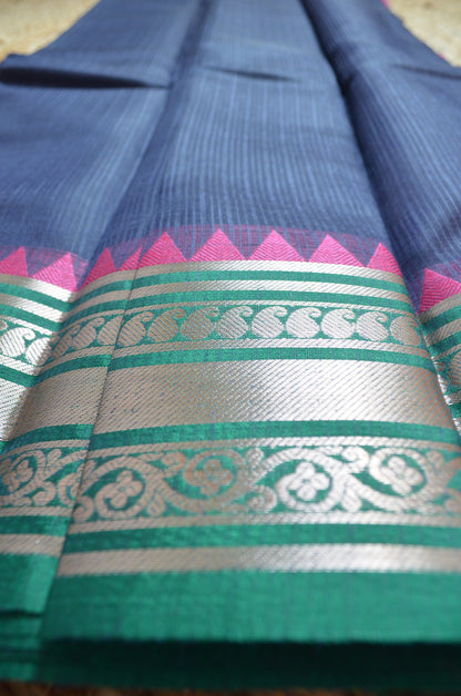Navy Magenta and Green Kota Gadwal Cotton Silk Handloom Saree