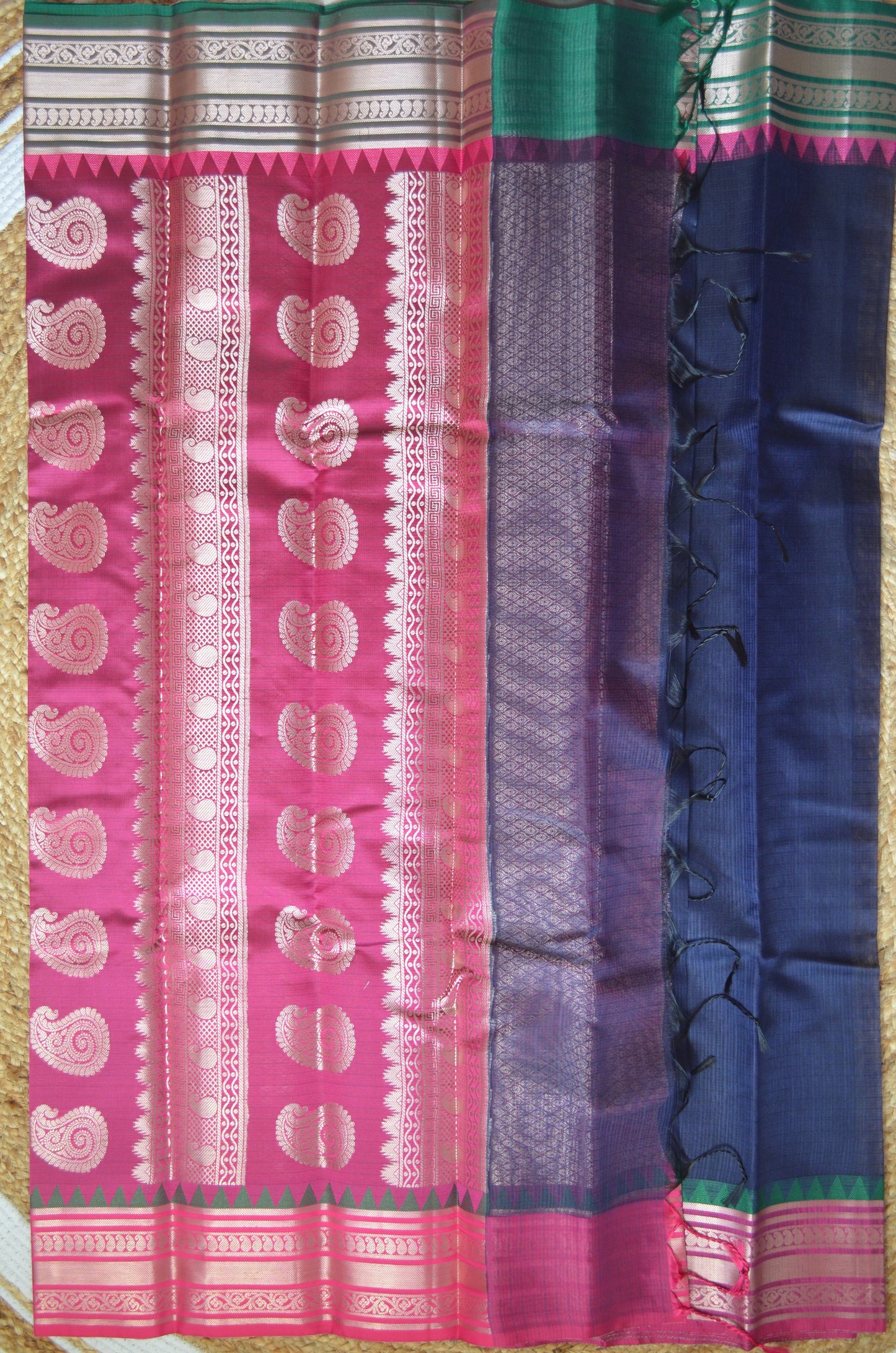 Navy Magenta and Green Kota Gadwal Cotton Silk Handloom Saree