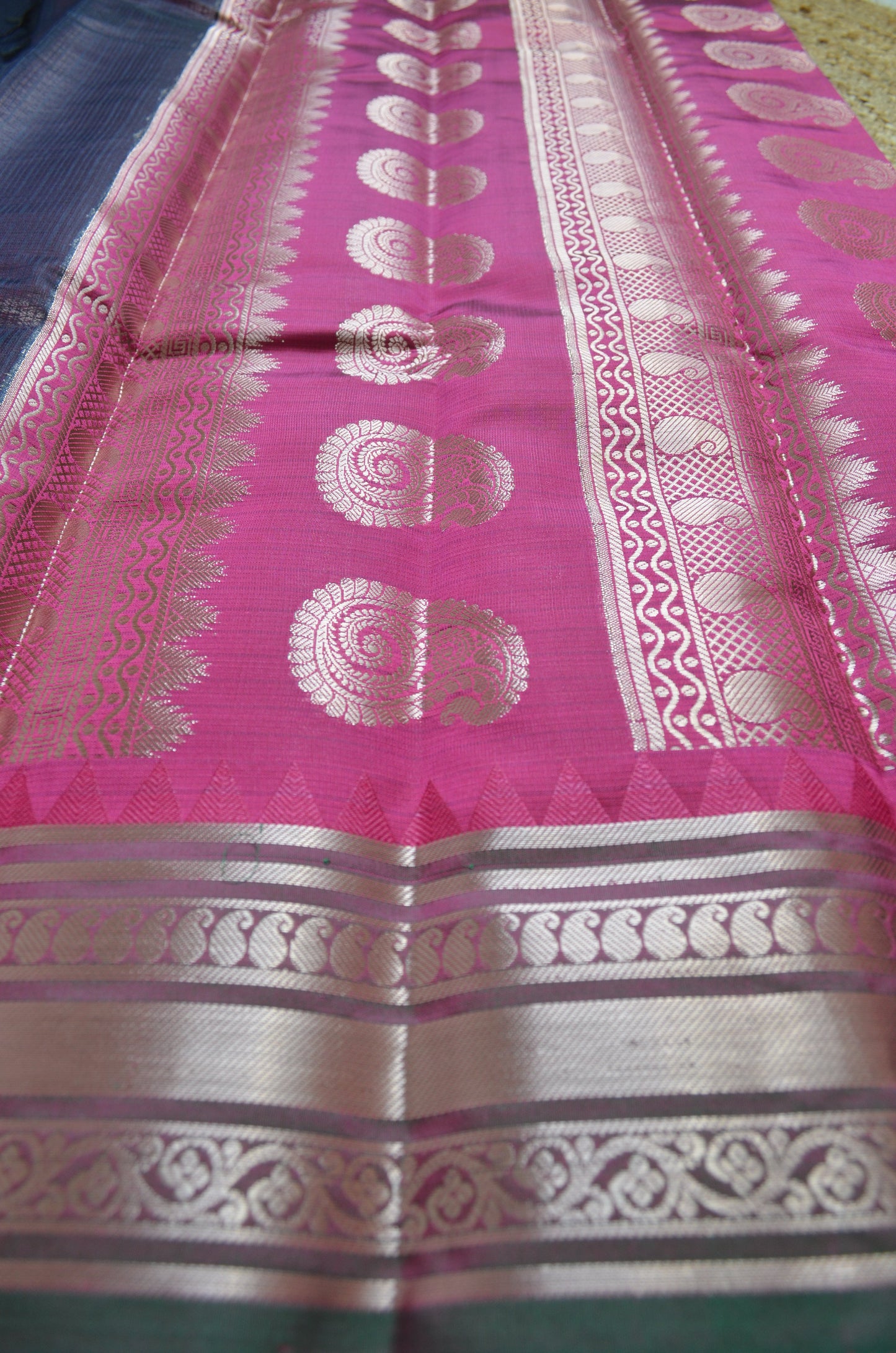 Navy Magenta and Green Kota Gadwal Cotton Silk Handloom Saree
