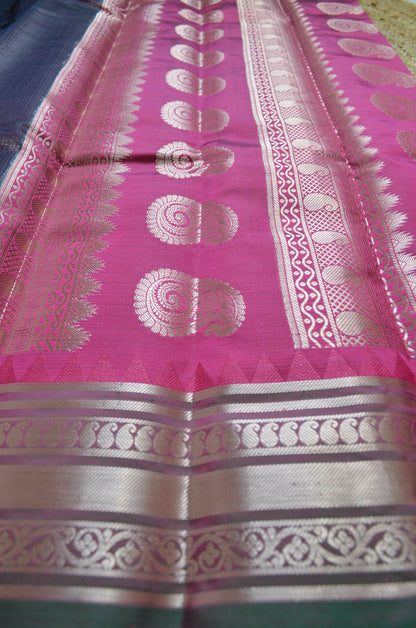 Navy Magenta and Green Kota Gadwal Cotton Silk Handloom Saree