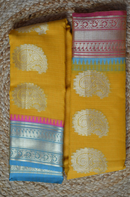 Yellow Magenta and Blue Kota Gadwal Cotton Silk Handloom Saree