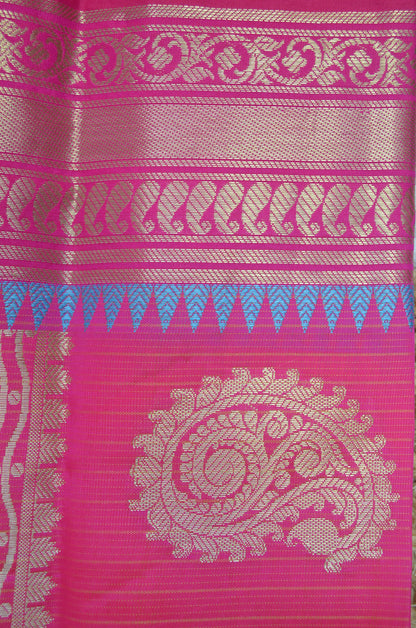 Yellow Magenta and Blue Kota Gadwal Cotton Silk Handloom Saree