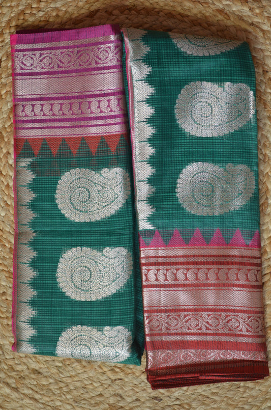 Jungle Green Magenta and Red Kota Gadwal Cotton Silk Handloom Saree