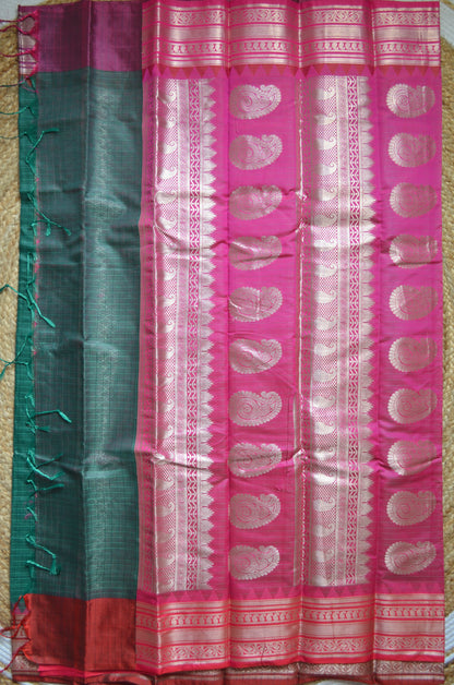 Jungle Green Magenta and Red Kota Gadwal Cotton Silk Handloom Saree