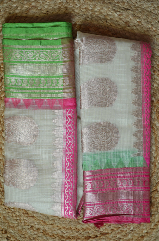 Cream Magenta and Green Kota Gadwal Cotton Silk Handloom Saree