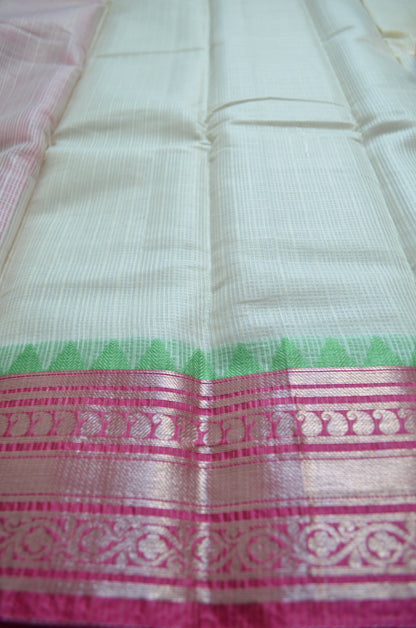 Cream Magenta and Green Kota Gadwal Cotton Silk Handloom Saree