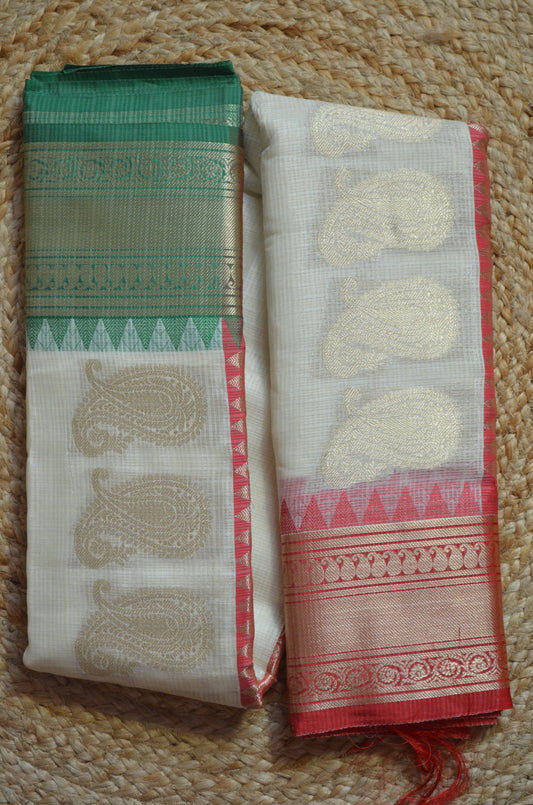 Cream Red and Green Kota Gadwal Cotton Silk Handloom Saree