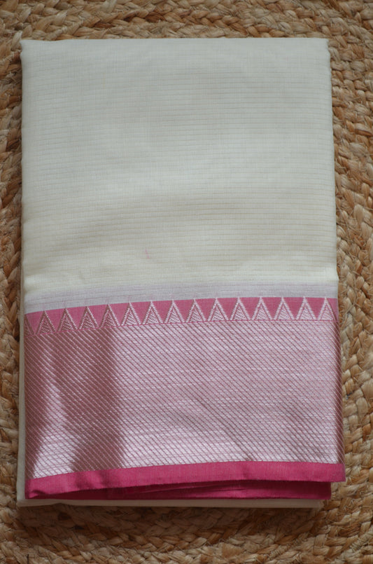 Cream Pink Mangalagiri Cotton Silk Handloom Saree