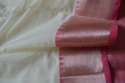 Cream Pink Mangalagiri Cotton Silk Handloom Saree