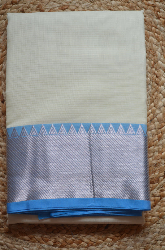 Cream Blue Mangalagiri Cotton Silk Handloom Saree