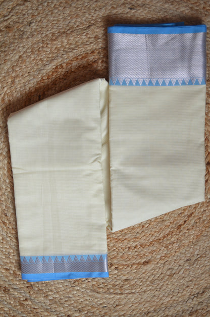 Cream Blue Mangalagiri Cotton Silk Handloom Saree