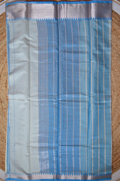 Cream Blue Mangalagiri Cotton Silk Handloom Saree