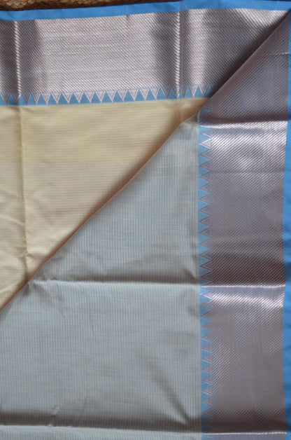 Cream Blue Mangalagiri Cotton Silk Handloom Saree