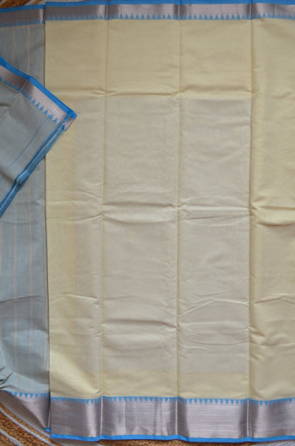 Cream Blue Mangalagiri Cotton Silk Handloom Saree