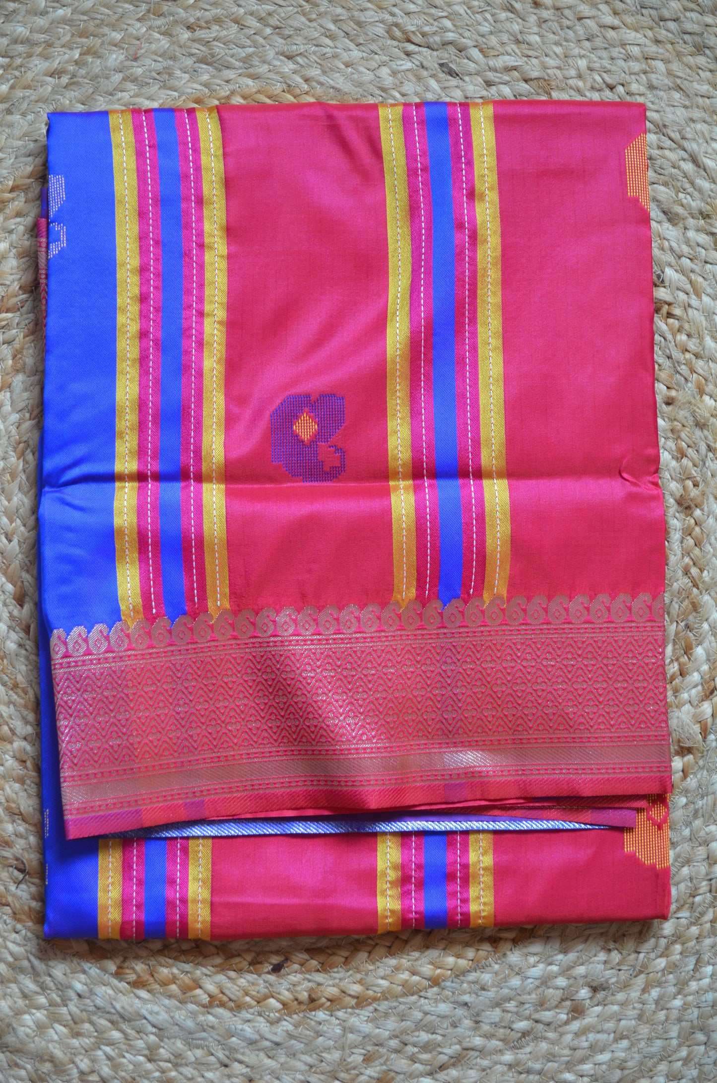 Magenta Kantha Work Katan Silk Saree