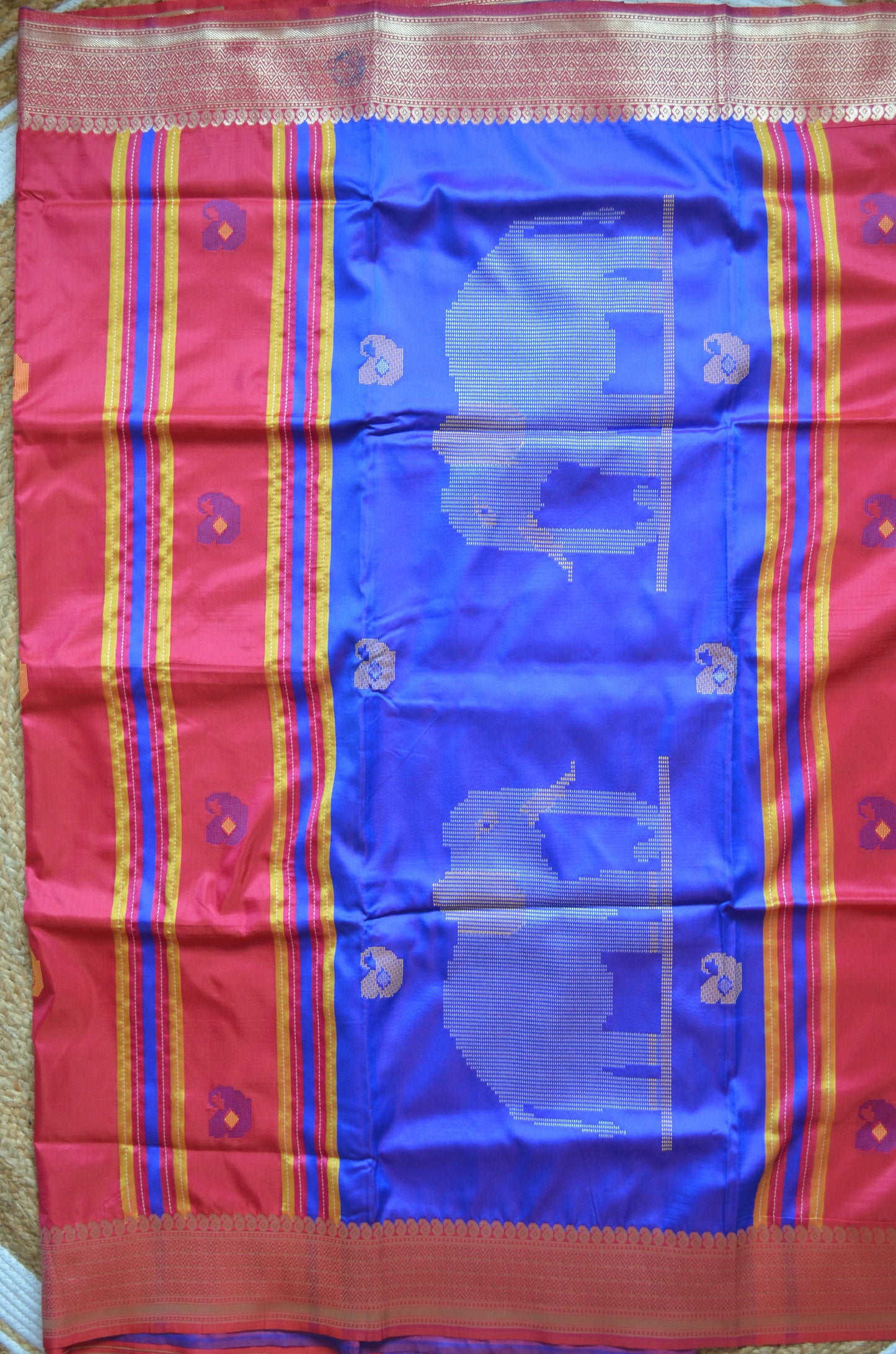 Magenta Kantha Work Katan Silk Saree