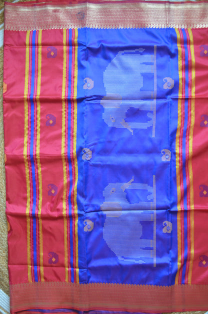 Magenta Kantha Work Katan Silk Saree