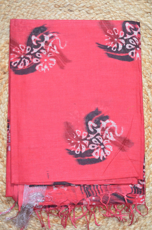Red Block Print Linen Handloom Saree