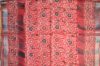 Red Block Print Linen Handloom Saree