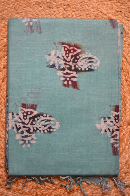 Sea Green Block Print Linen Handloom Saree