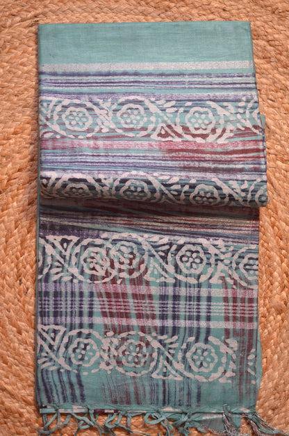 Sea Green Block Print Linen Handloom Saree