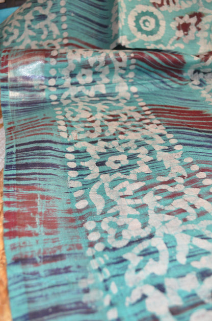 Sea Green Block Print Linen Handloom Saree