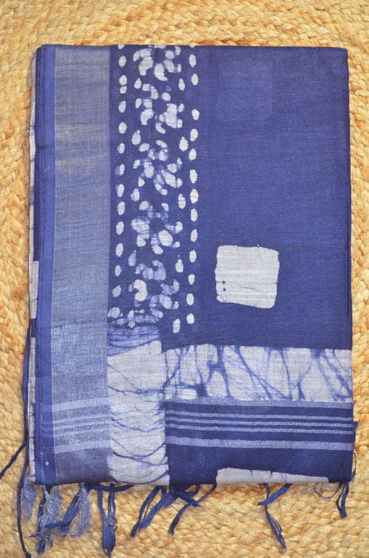 Navy Bagru Linen Handloom Saree