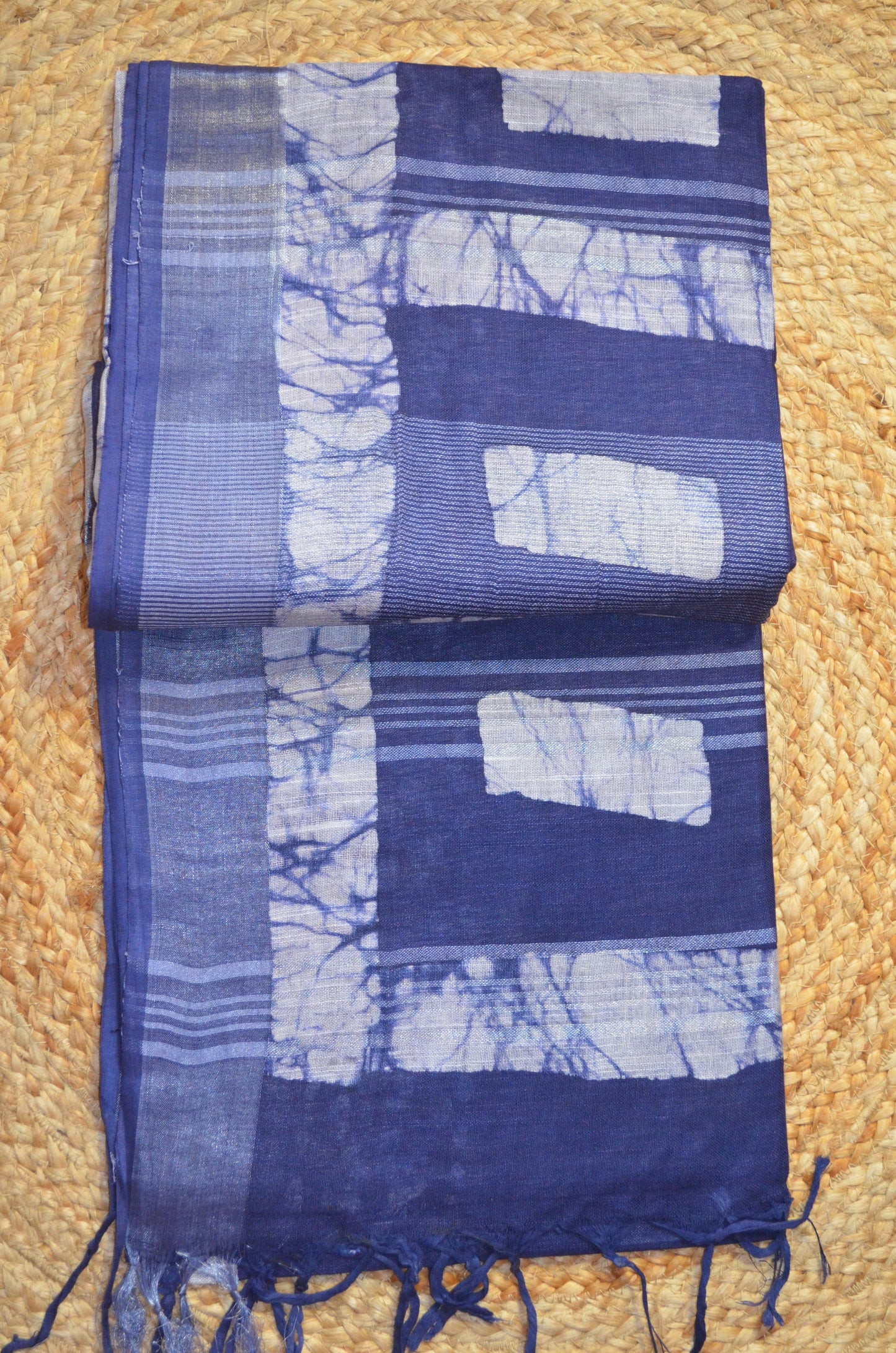 Navy Bagru Linen Handloom Saree