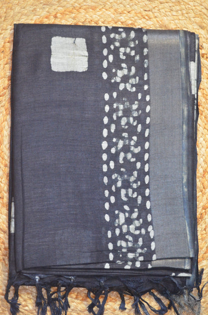 Black Bagru Linen Handloom Saree