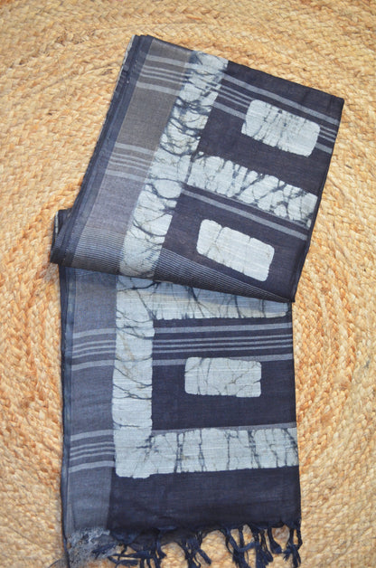Black Bagru Linen Handloom Saree