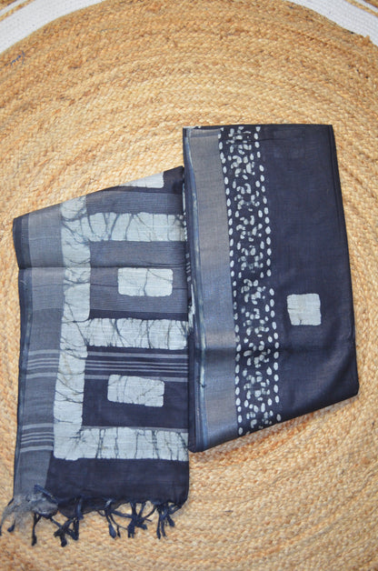 Black Bagru Linen Handloom Saree