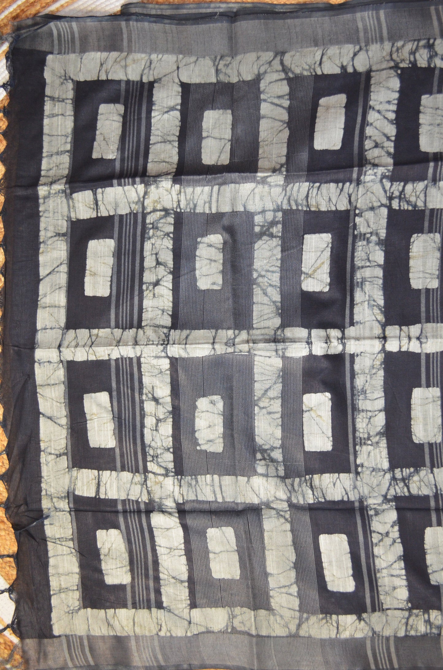 Black Bagru Linen Handloom Saree