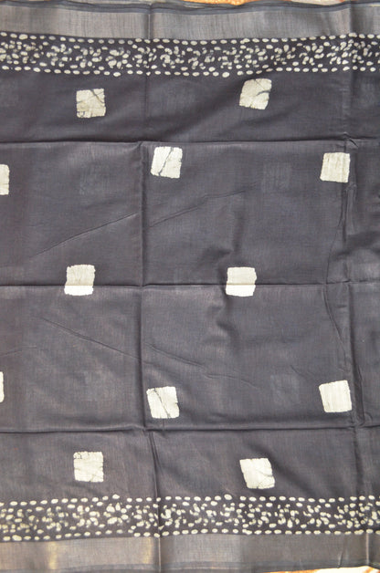Black Bagru Linen Handloom Saree