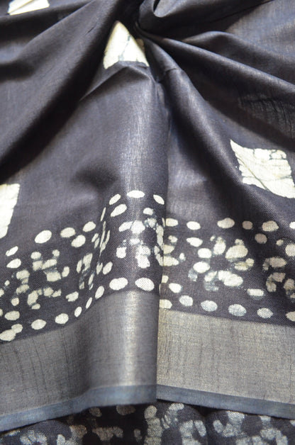 Black Bagru Linen Handloom Saree