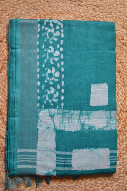 Sea Green Bagru Linen Handloom Saree