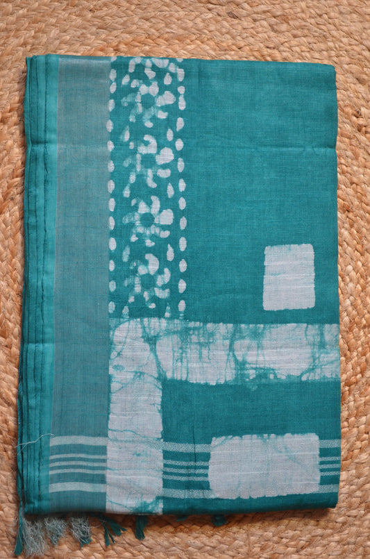 Sea Green Bagru Linen Handloom Saree