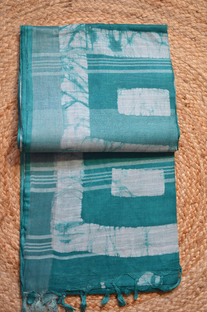 Sea Green Bagru Linen Handloom Saree