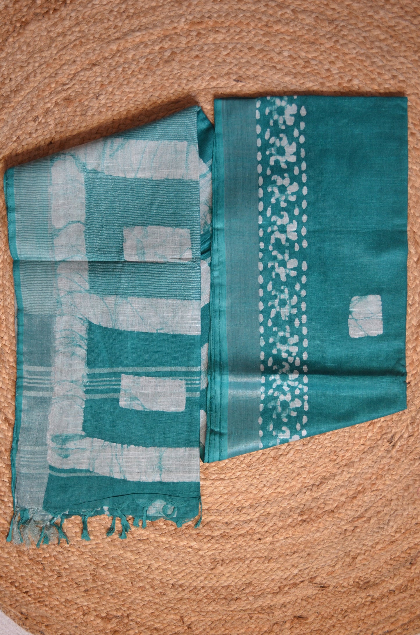 Sea Green Bagru Linen Handloom Saree