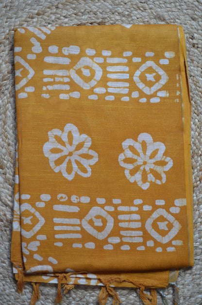 Mustard Bagru Linen Handloom Saree