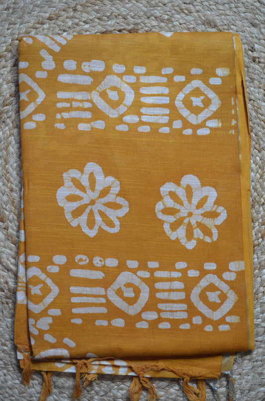 Mustard Bagru Linen Handloom Saree