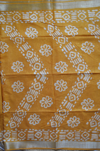 Mustard Bagru Linen Handloom Saree