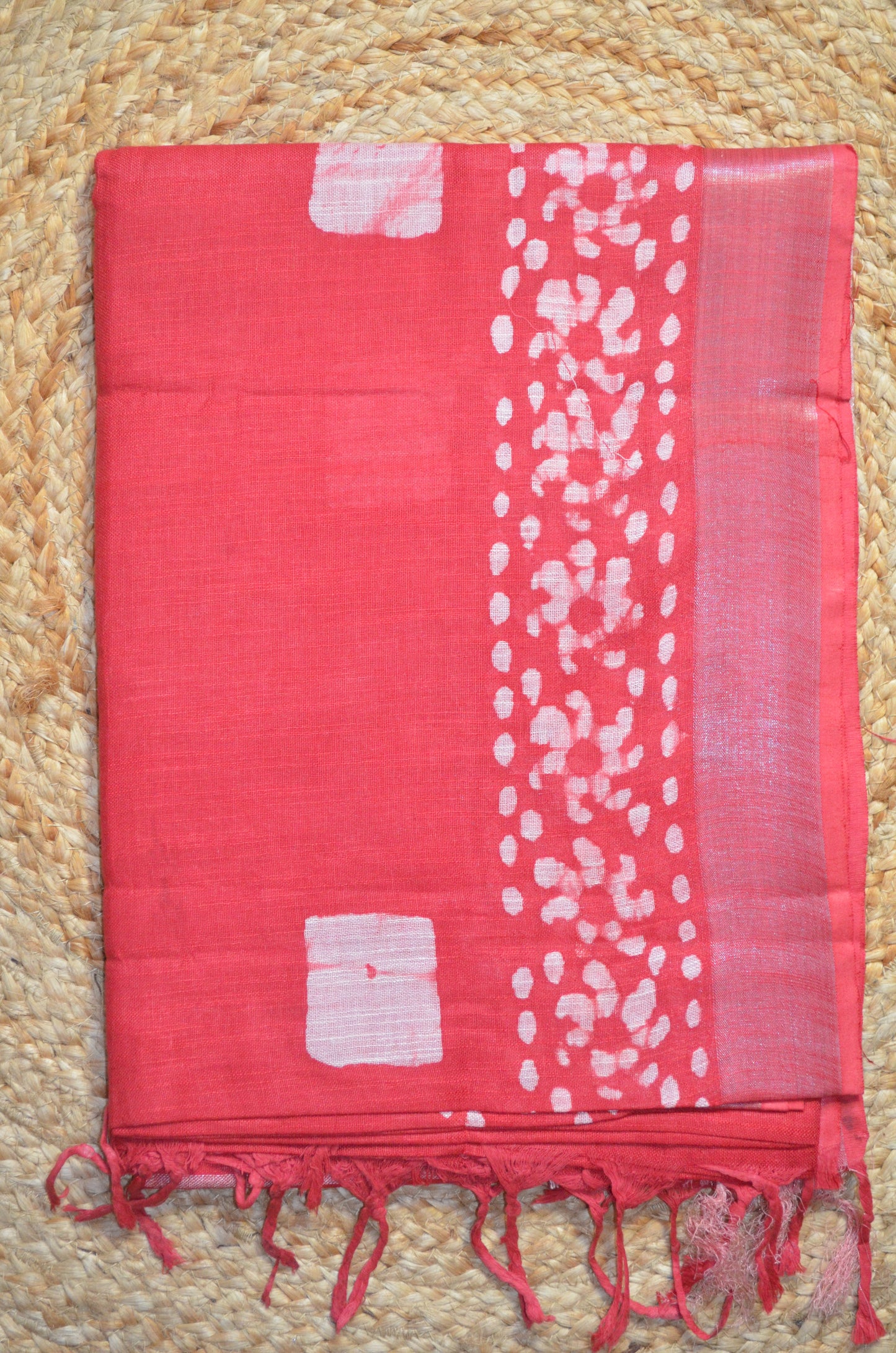 Red Bagru Linen Handloom Saree