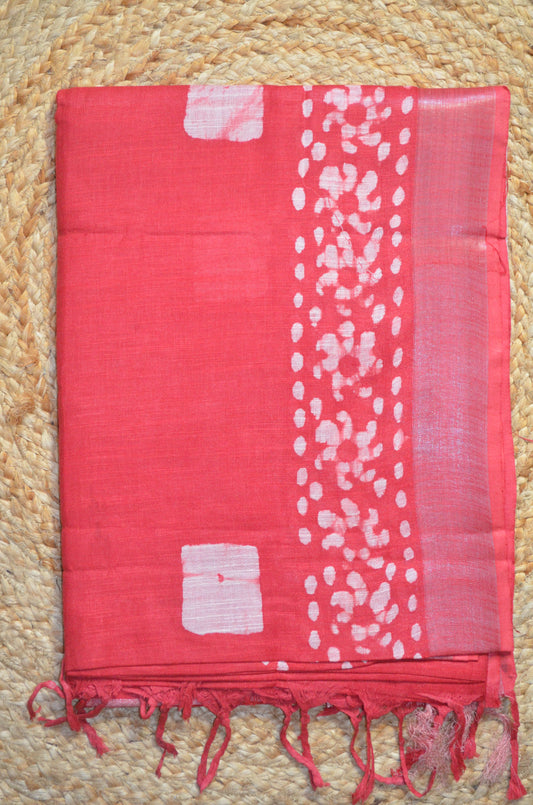 Red Bagru Linen Handloom Saree
