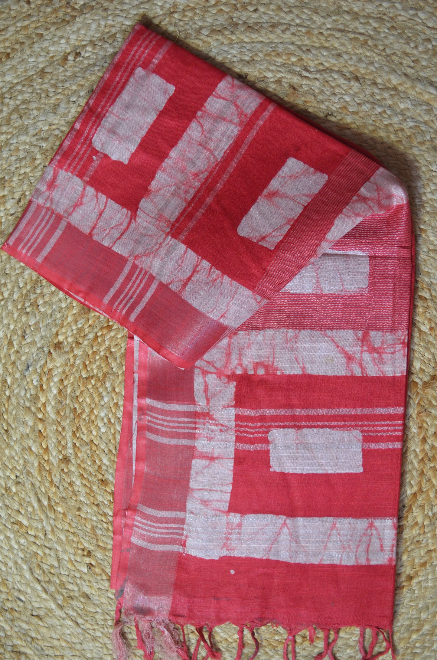 Red Bagru Linen Handloom Saree