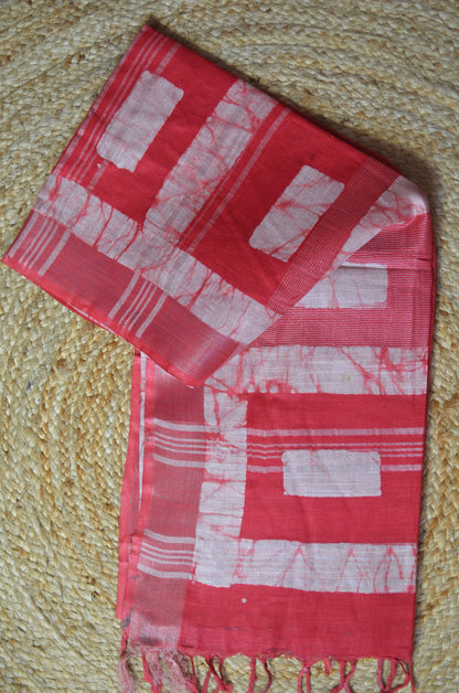 Red Bagru Linen Handloom Saree