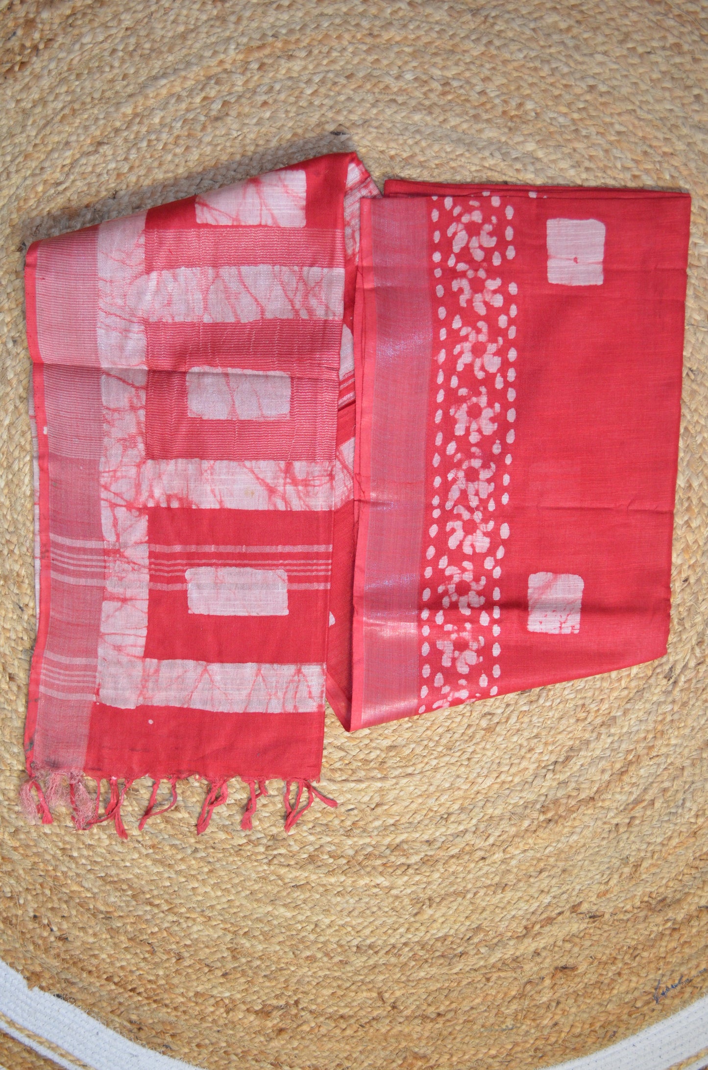 Red Bagru Linen Handloom Saree