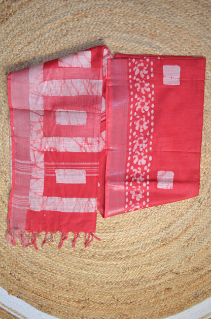 Red Bagru Linen Handloom Saree