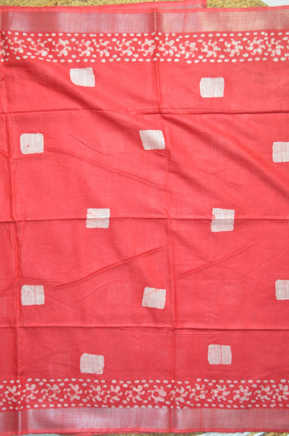 Red Bagru Linen Handloom Saree